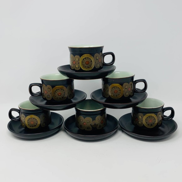 Vintage 1960’s Mod Flower Mug Denby Arabesque 6 Tea Cups And Saucers England - Picture 1 of 8